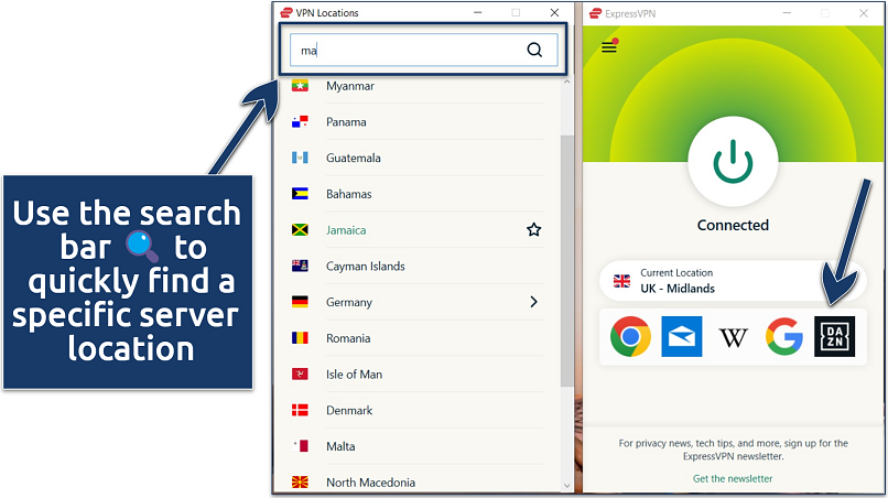 A screenshot showing how easy it’s to search and connect to a server with ExpressVPN, along with saved shortcuts for quick access