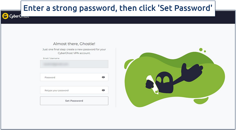 A screnshot showing the password creation step during the CyberGhost subscription sign-up