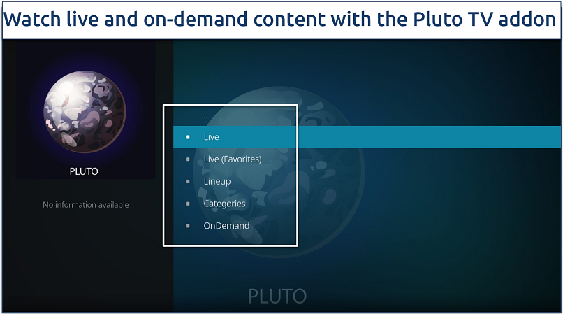 A screenshot showing the multi-category Pluto TV’s addon