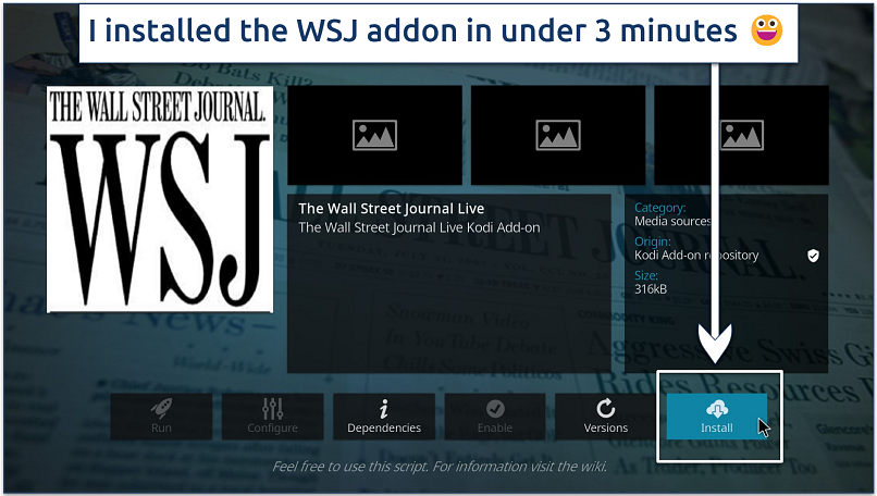 A screenshot showing it’s to install The Wall Street Journal addon on Kodi