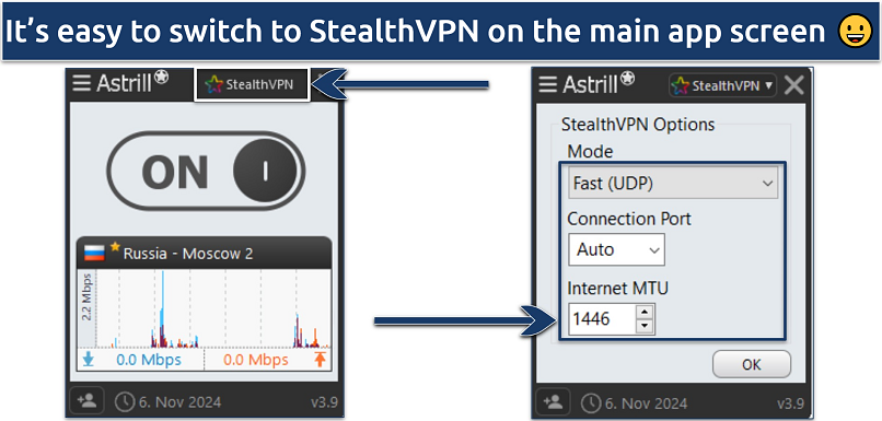Screenshot of Astrill VPN’s app interface connected to Russian server, highlighting StealthVPN protocol