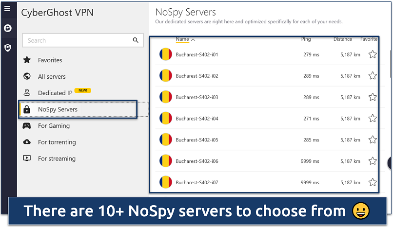 Screenshot showing how to navigate to CyberGhost’s NoSpy servers