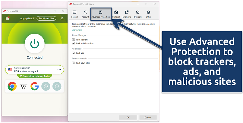 Screenshot showing the ExpressVPN app over a ChatGPT window