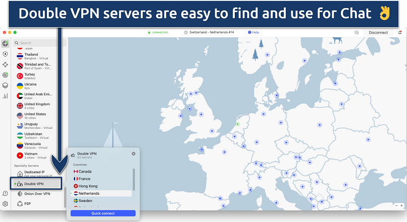 Screenshot showing NordVPN’s Double VPN servers