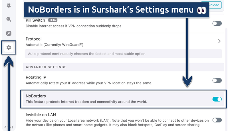 Screenshot showing Surfshark’s NoBorders mode