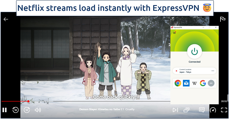 streaming screenshot of Demon Slayer episode 1 on Netflix japan with ExpressVPN connected to Tokyo server