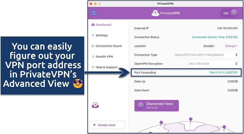 Screenshot showing PrivateVPN’s Advanced View