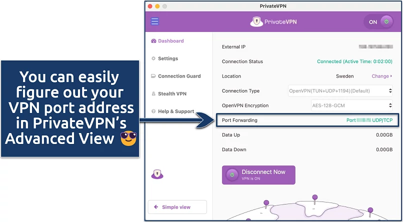 Screenshot showing PrivateVPN's Advanced View