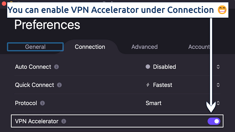 Screenshot showing how to activate VPN Accelerator on Proton VPN’s Preferences panel