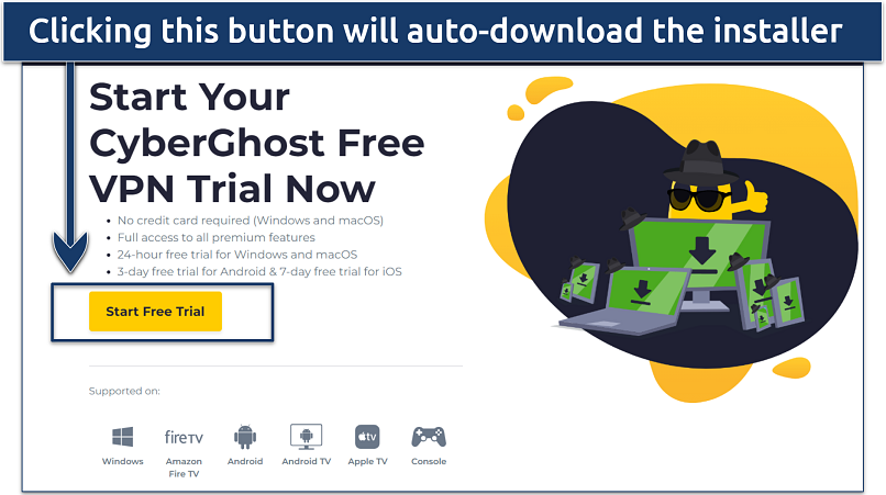 A screenshot showing CyberGhost’s free trial page