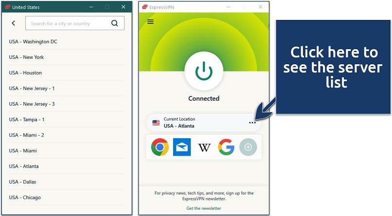 Screenshot of ExpressVPN’s Windows app with its list of US server locations