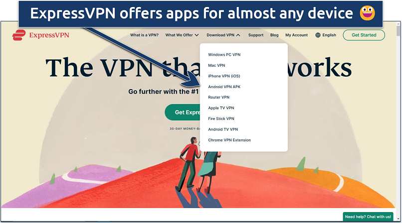 Screenshot of ExpressVPN’s website with download links for various devices