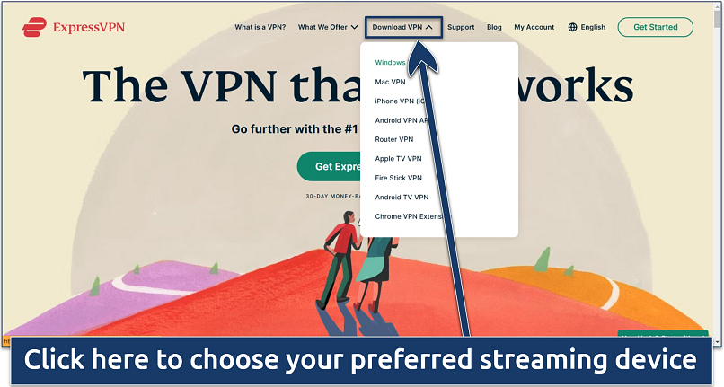 Screenshot of ExpressVPN’s website homepage with the option to download apps for various devices