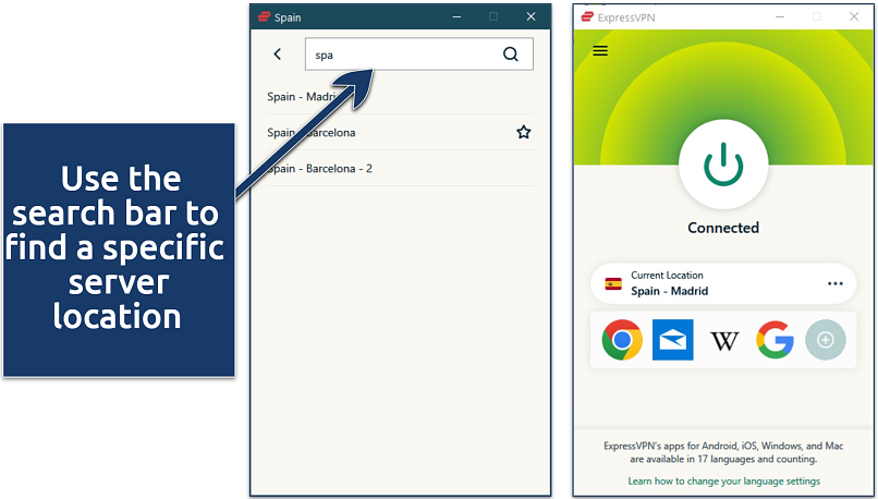 Screenshot of ExpressVPN’s Windows app connected to Madrid, Spain
