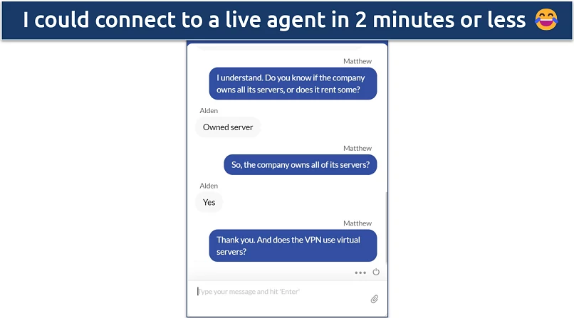 Screenshot of a conversation with FastestVPN's live support where they confirm it owns all its servers 