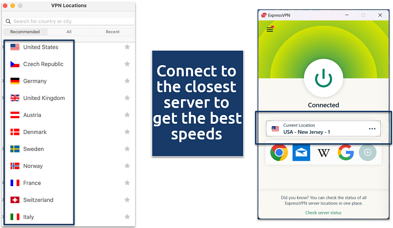 A screenshot showing ExpressVPN’s server selection interface