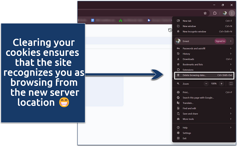 Screenshot showing how to clear browsing data in Chrome