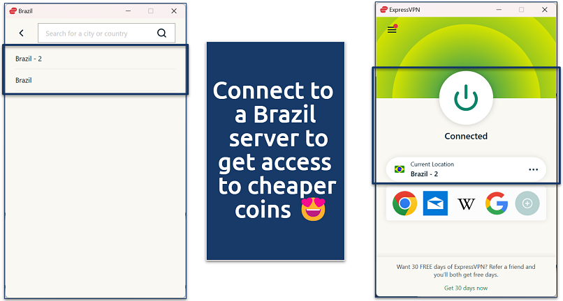 Screenshot showing ExpressVPN’s server selection interface