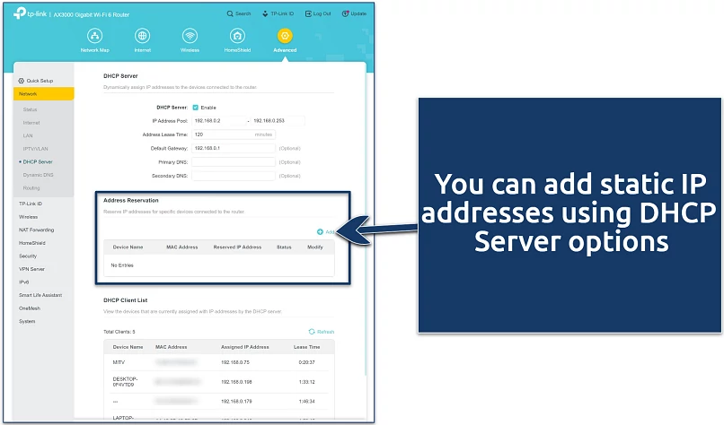 A screenshot showing a router's DHCP settings page