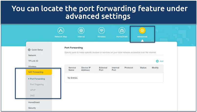 A screenshot showing a router's port forwarding settings page