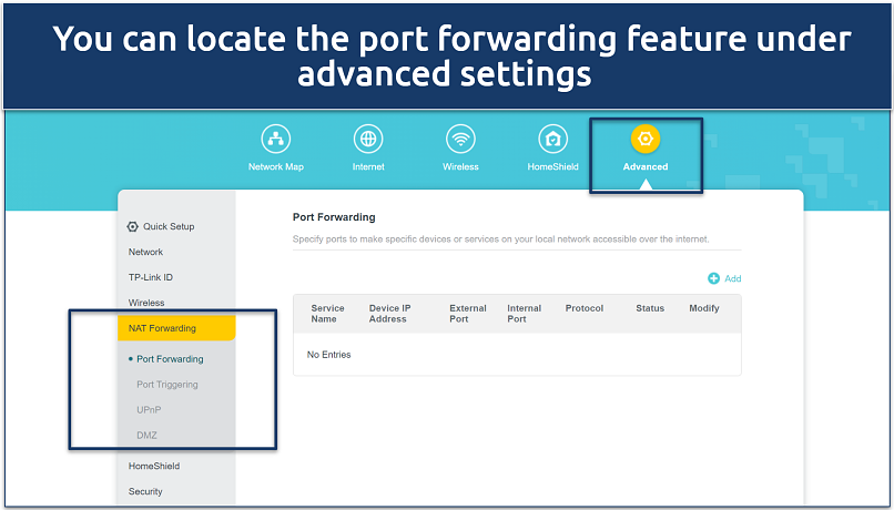 A screenshot showing a router’s port forwarding settings page