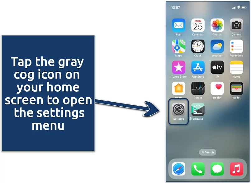 Screenshot showing how to find the Settings app on iPhone