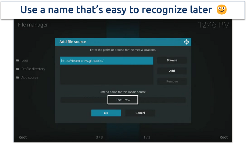 Screenshot of changing the name of the file source