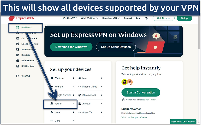 Screenshot of the ExpressVPN account dashboard with the