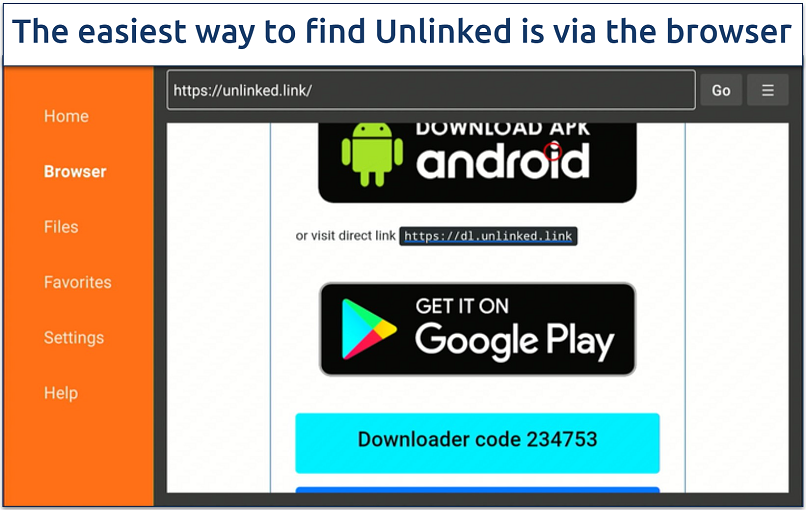 Screenshot of the Downloader app’s browser on Firestick with Unlinked.link typed in the URL bar