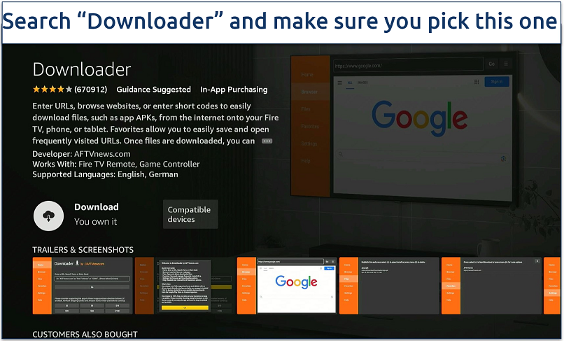 Screenshot of the Firestick Appstore’s Downloader app listing