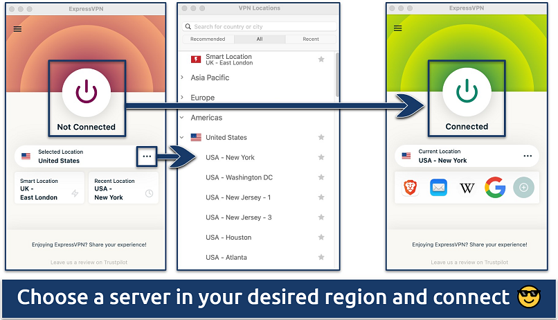 Screenshot showing the ExpressVPN server list and app