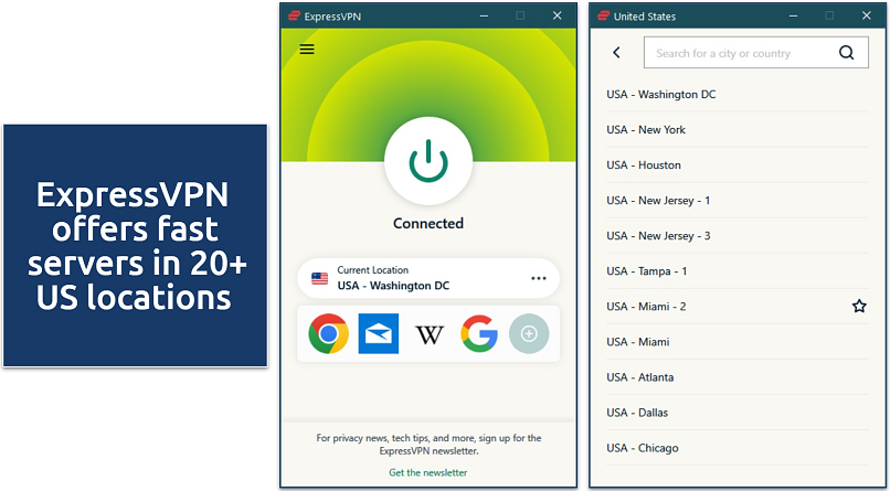 Screenshot of ExpressVPN’s Windows app connected to Washington DC, US