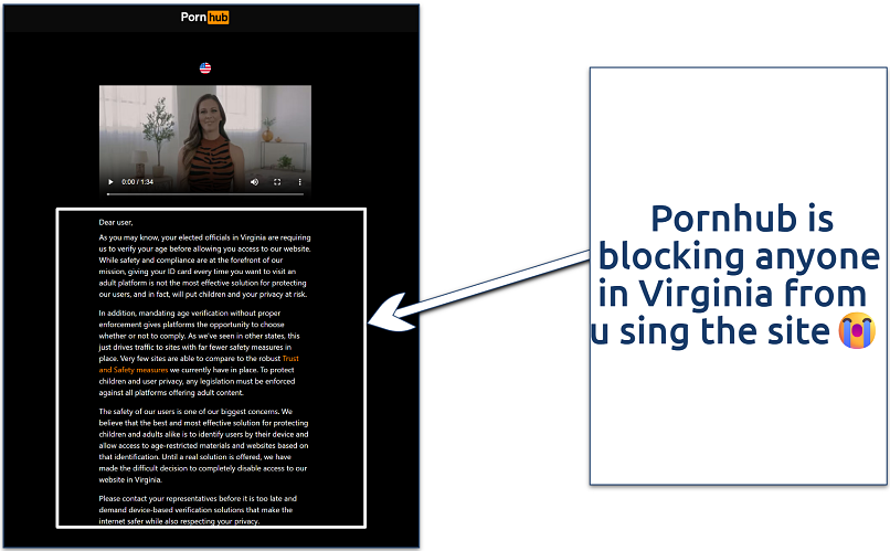 A screenshot showing that Pornhub is blocked in Virginia