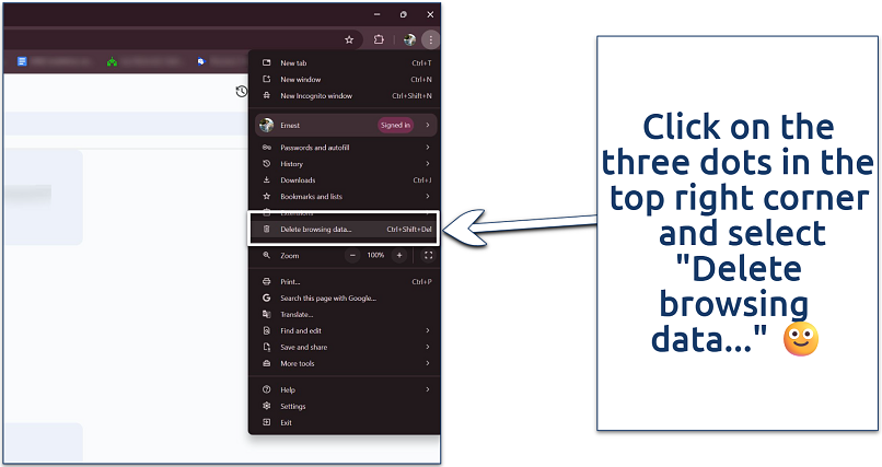 A screenshot showing how to clear browsing data in Chrome