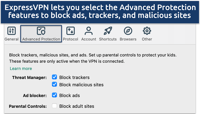 Screenshot of ExpressVPN’s Advanced Protection