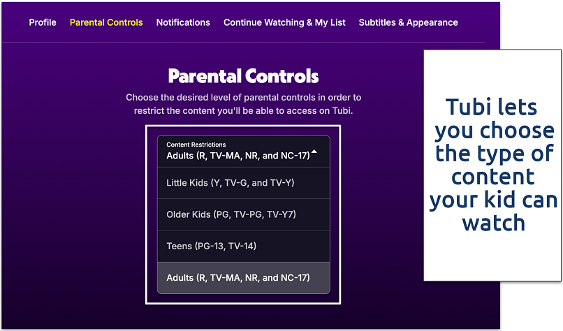 Screenshot of Tubi’s parental controls