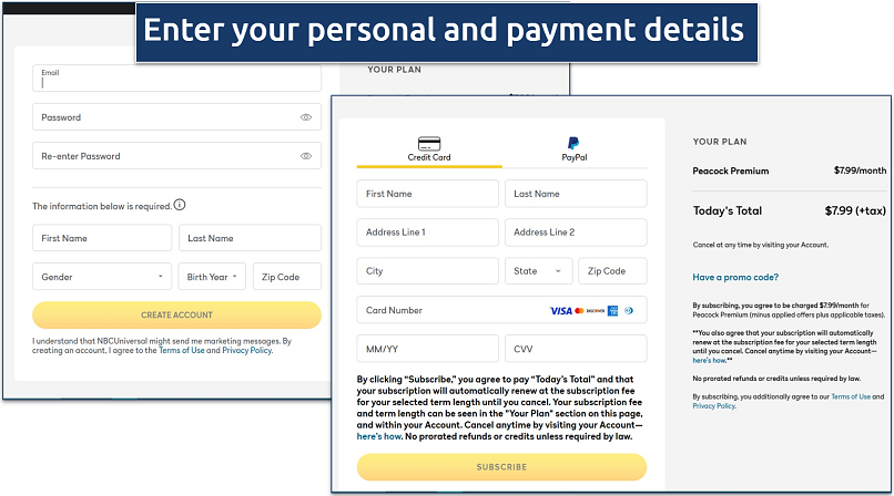 Screenshot of Peacock’s signup process