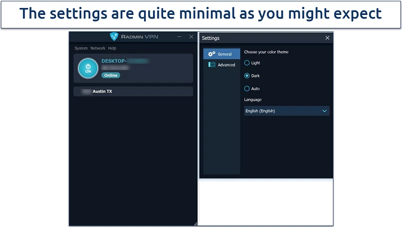 Screenshot of Radmin VPN's app UI highlighting the settings 