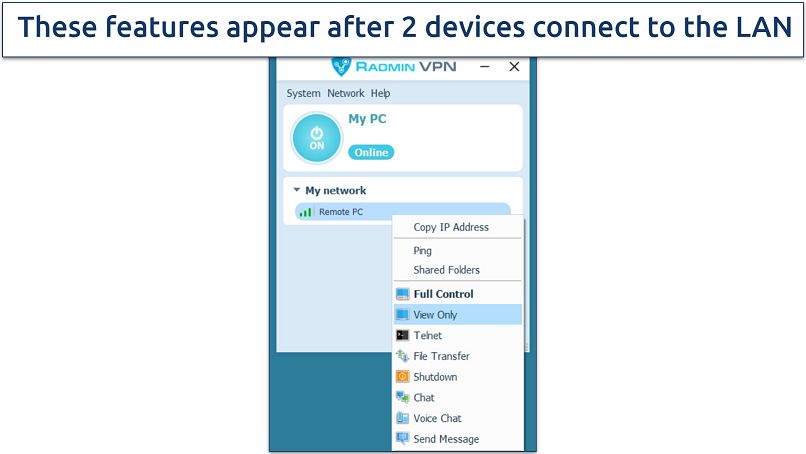 Screenshot of Radmin VPN's UI highlighting the different functions you can engage in between devices