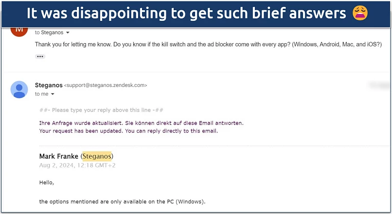 Screenshot of a conversation with Steganos' support via email where they state the kill switch and ad blocker only come with Windows apps 