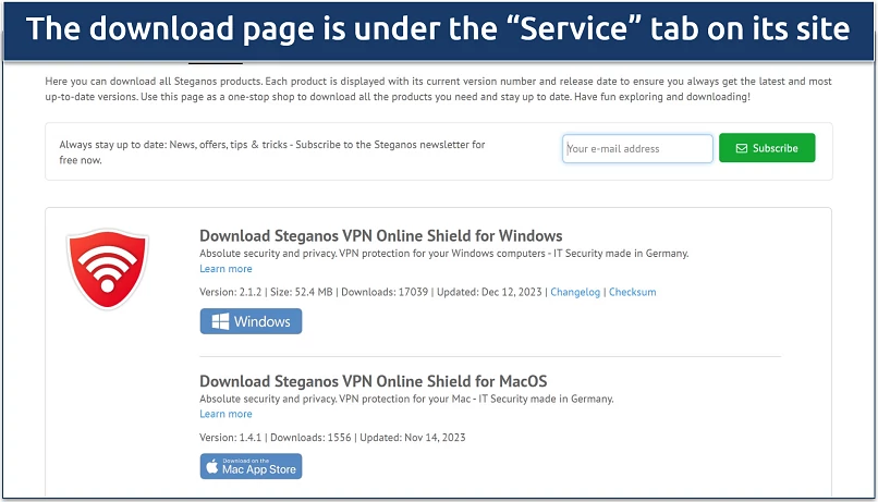 Screenshot of download page on Steganos' website, highlighting where to get its  desktop apps 
