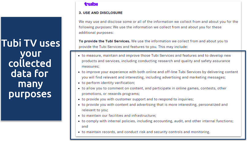 Screenshot of Tubi’s privacy policy