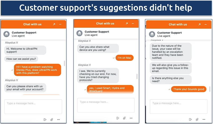 Screenshot showing live chat with UltraVPN customer support regarding streaming issues