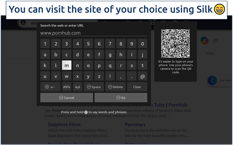 Screenshot showing how to input a web address into Silk