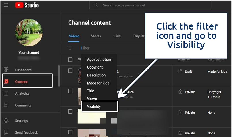 A screenshot of YouTube content filter settings
