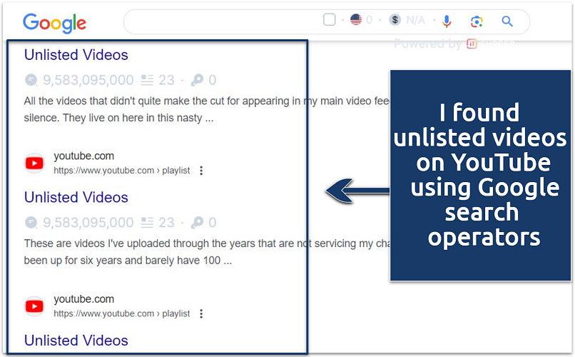 A screenshot of unlisted videos showing on Google search engine