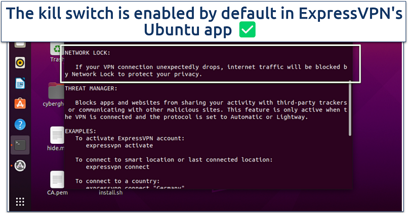 A screenshot showing that ExpressVPN’s Ubuntu app comes with a kill switch (Network Lock)