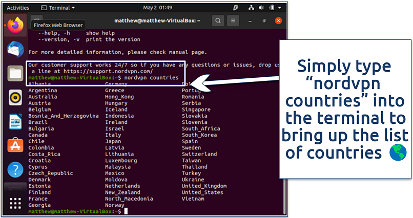 A screenshot showing the command that displays the list of countries on NordVPN’s Ubuntu app.