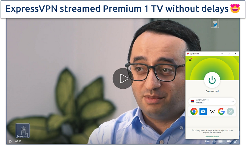 Screenshot showing a TV show playing on Armenia’s Premium 1 TV with ExpressVPN connected to an Armenia server