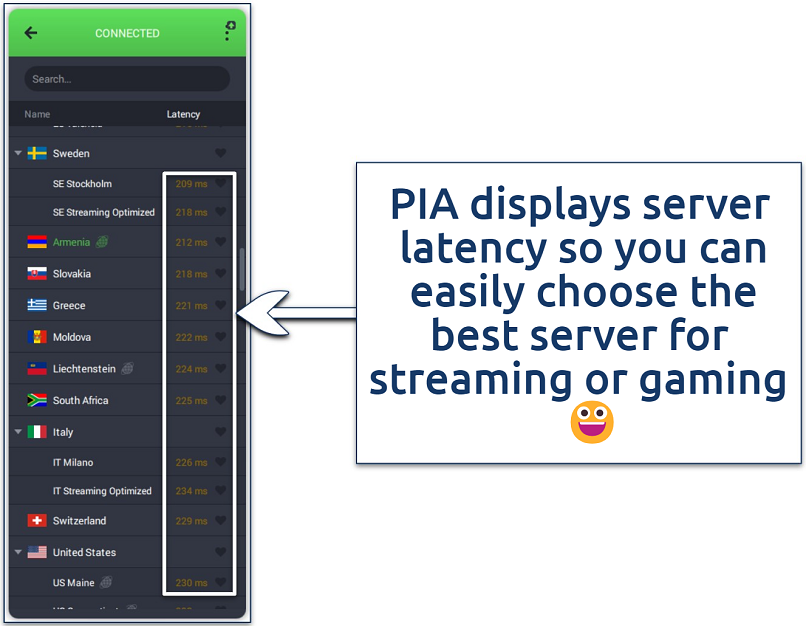 Screenshot of the PIA Windows app showing some of the available servers